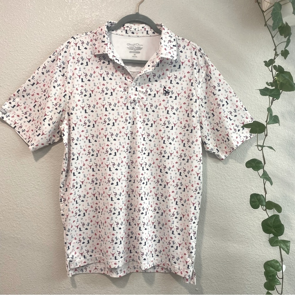 Straight Down Cowboy Men's White Patterned Shirt, Short Sleeve Shirt,Size Medium